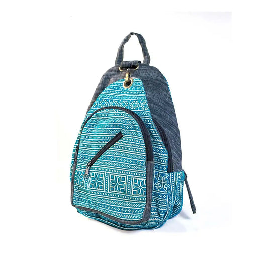 Vindigo blue hemp geometric backpack front view