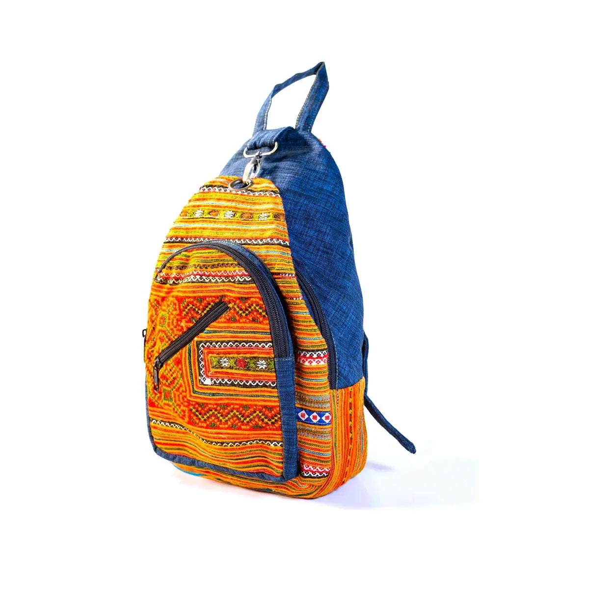 Vindigo orange hemp embroidered backpack side view
