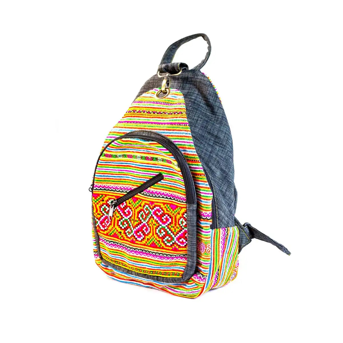 Vindigo yellow hemp embroidered backpack side view