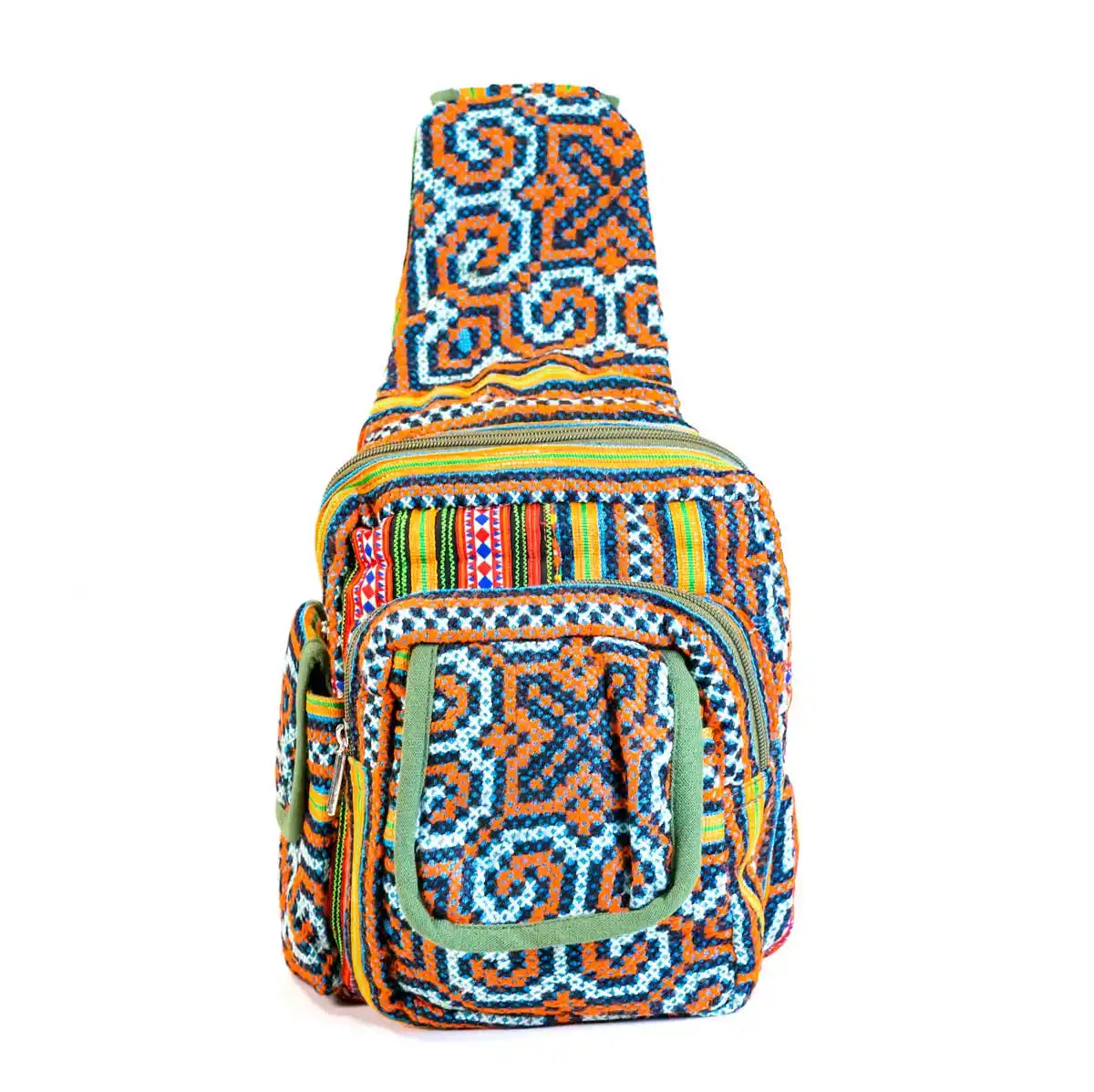 Vindigo tribal hemp backpack blue edition upright front display