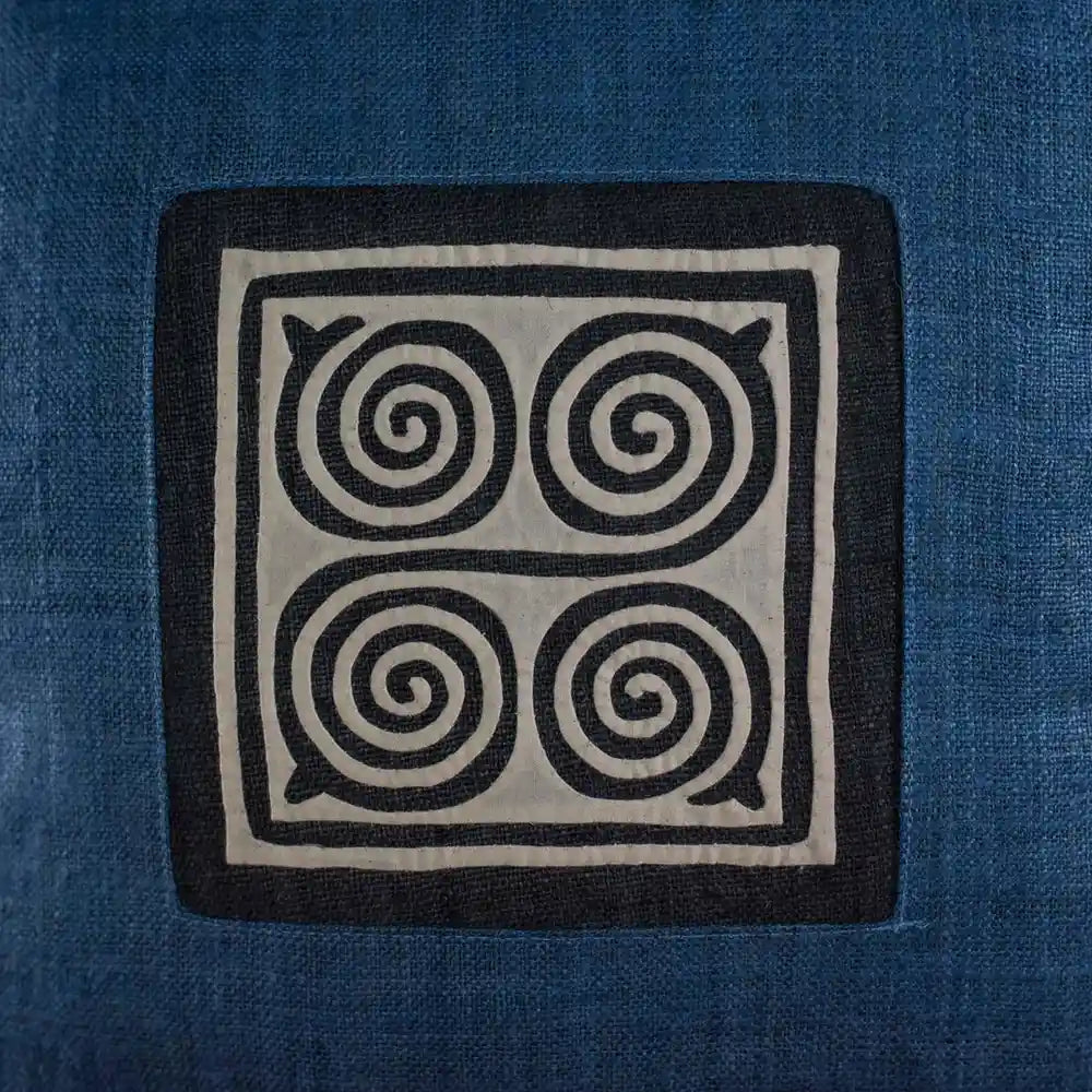 Vindigo blue hemp cushion cover handmade spiral embroidery detail