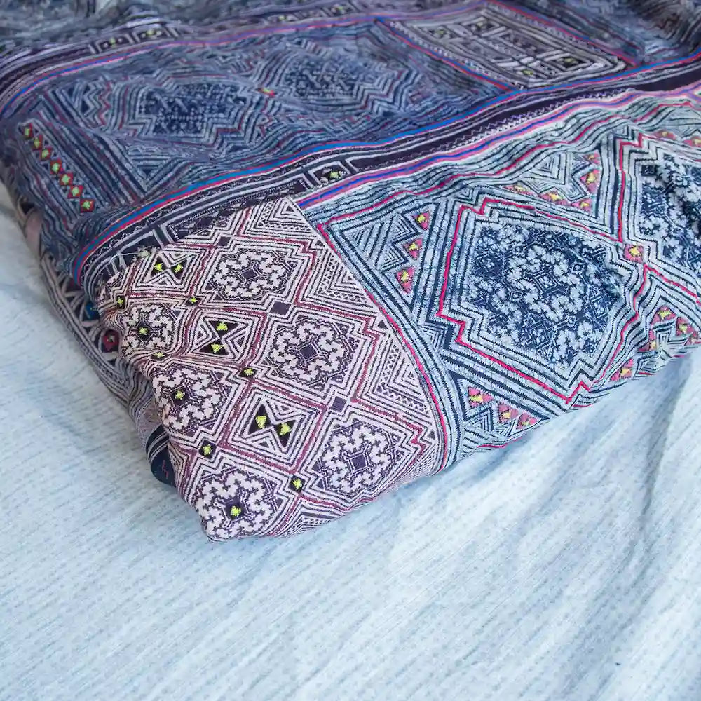 Vindigo Hmong indigo batik bed cover folded showing both sides