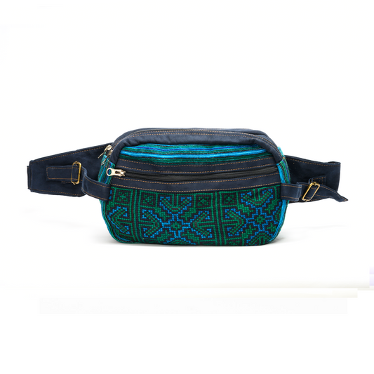 Green Waist bag, dark blue strap, embroidery and faux leather