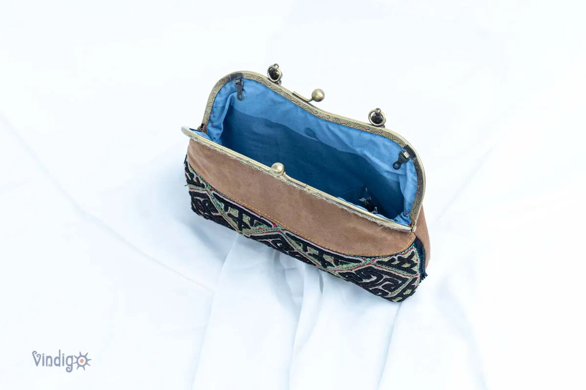 Top view of open handbag showing light blue inner lining