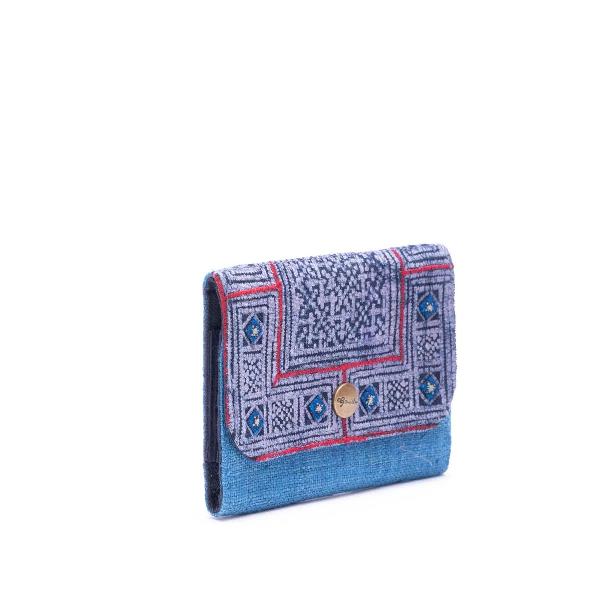 Vindigo pink-blue H’mong embroidery wallet side angle view