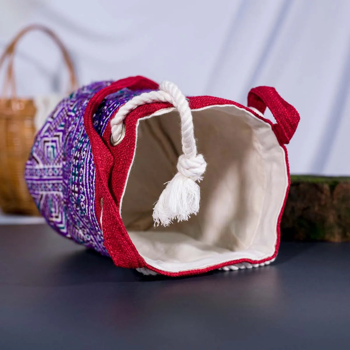 Inside view of Vindigo red hemp geometric embroidered bucket bag