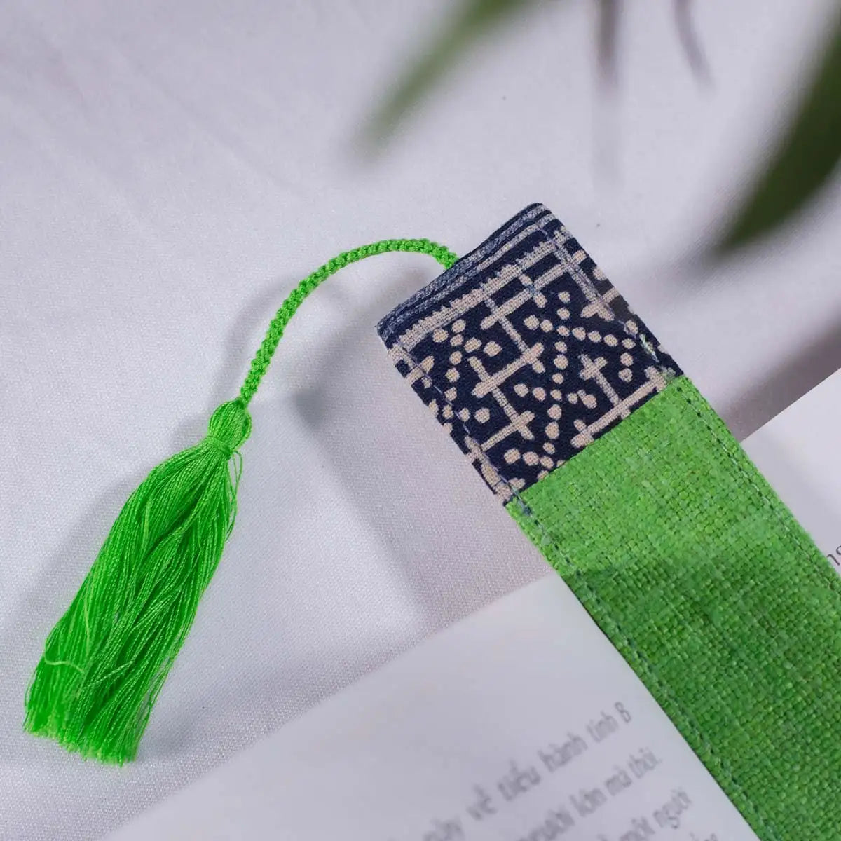 Vindigo handmade green hemp bookmark front on white background