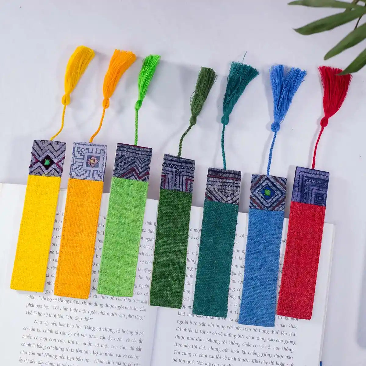 Vindigo handmade multicolor hemp tribal pattern bookmarks arranged together