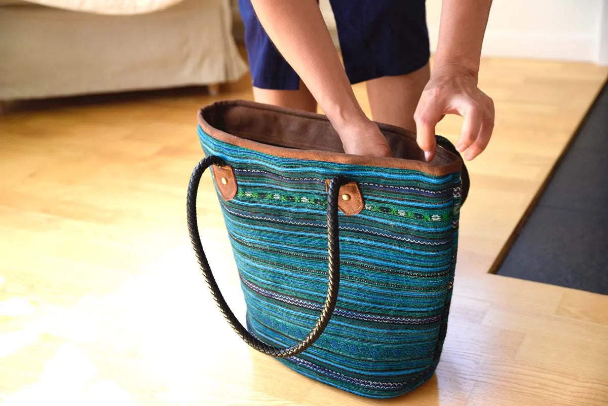 Opening Vindigo blue tribal tote bag indoors