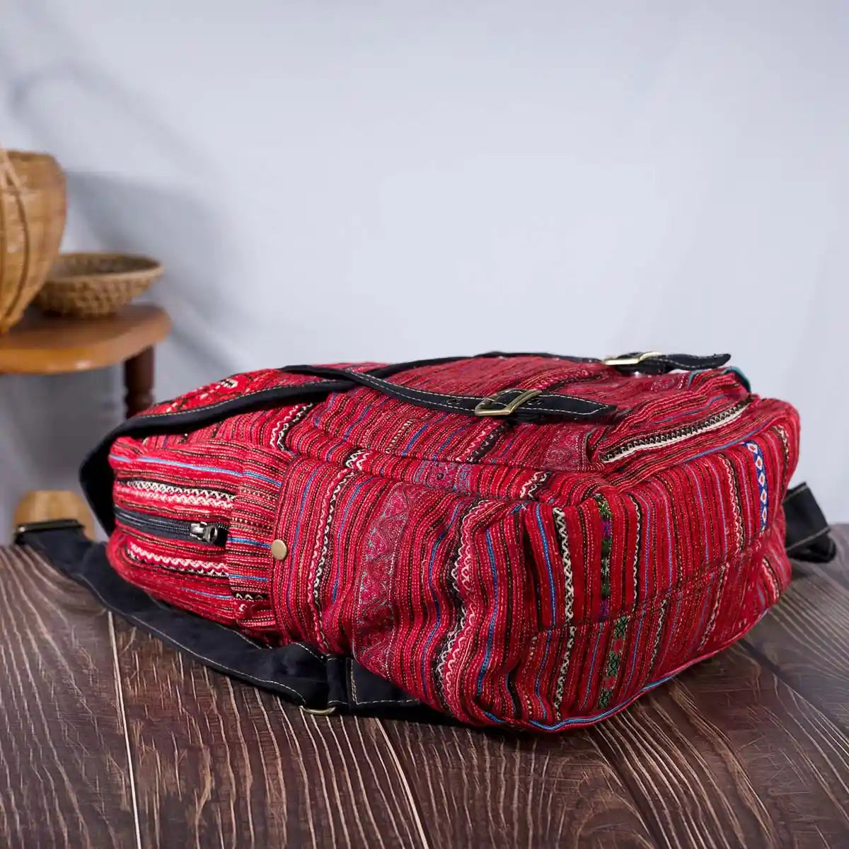 Vindigo red embroidered cotton backpack flat bottom view