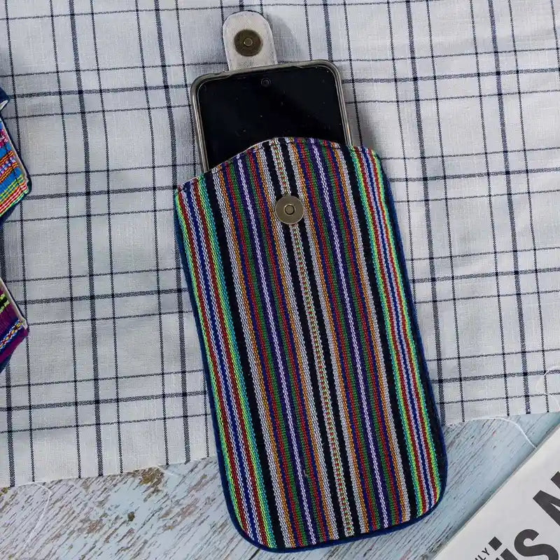 Vindigo striped phone case with flap open showing phone