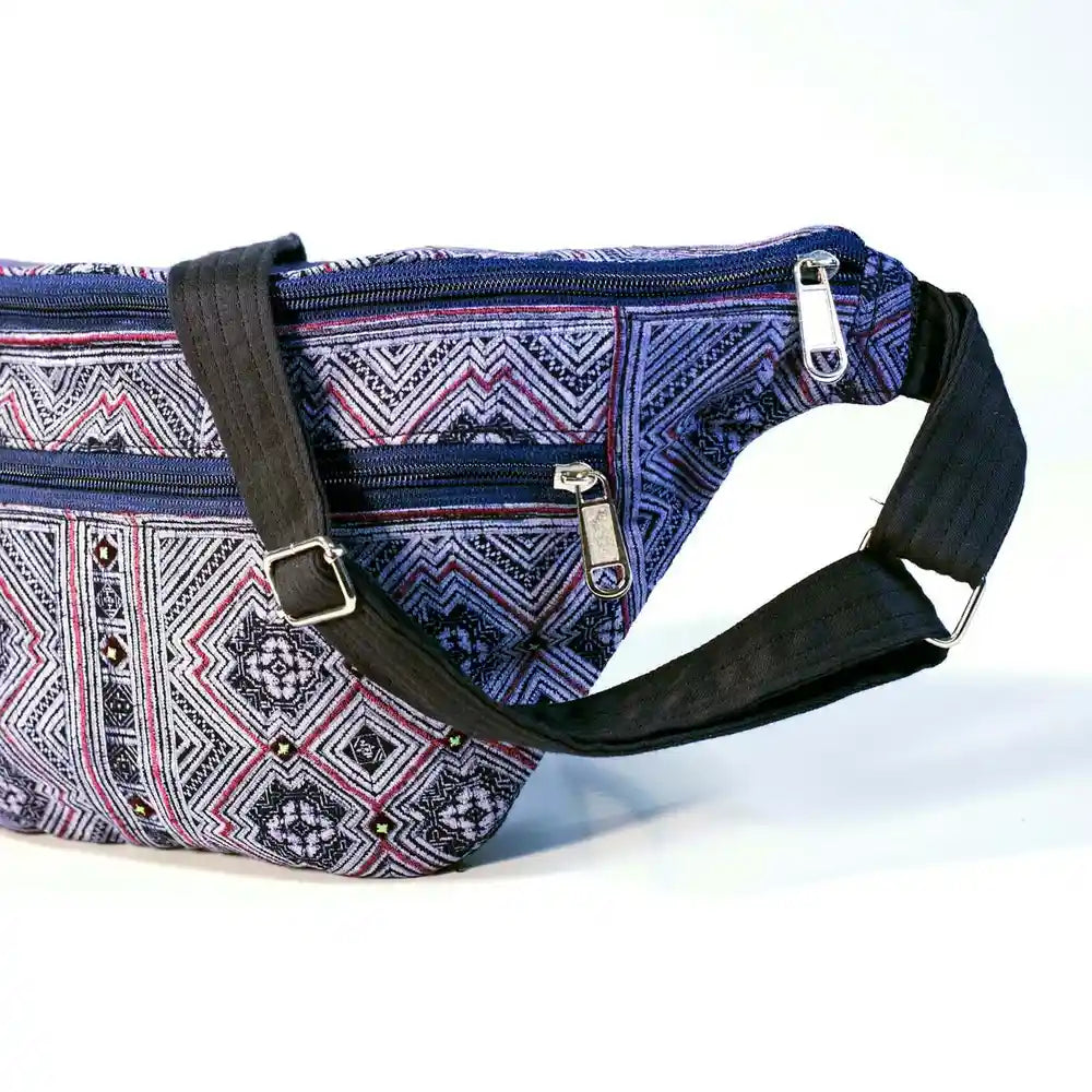 Vindigo purple hemp waist bag back view with adjustable strap
