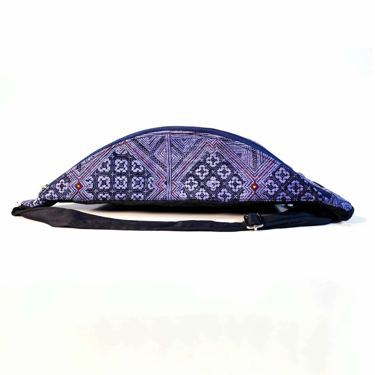 Vindigo hemp waist bag purple geometric pattern top view
