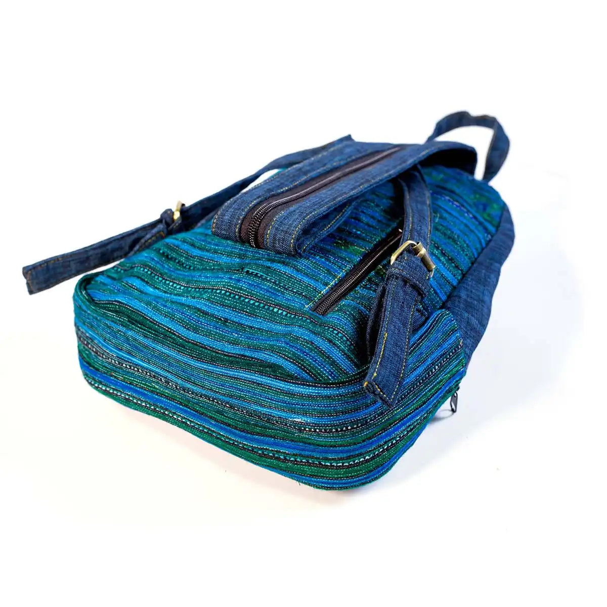 Vindigo blue striped hemp backpack lying flat detail