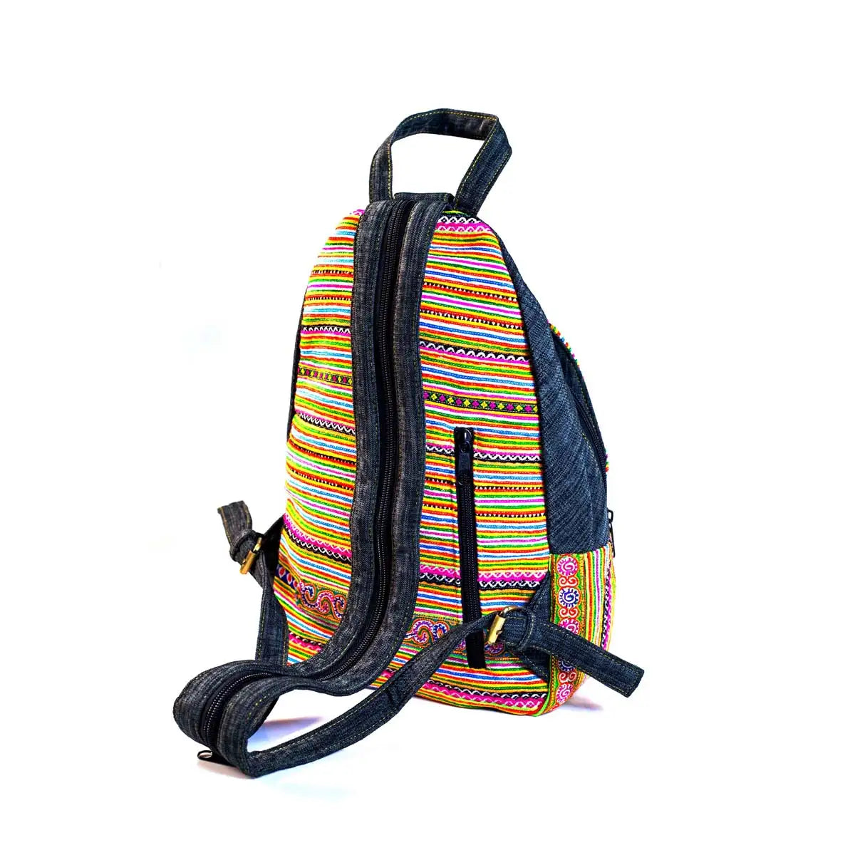 Vindigo yellow hemp embroidered backpack back view