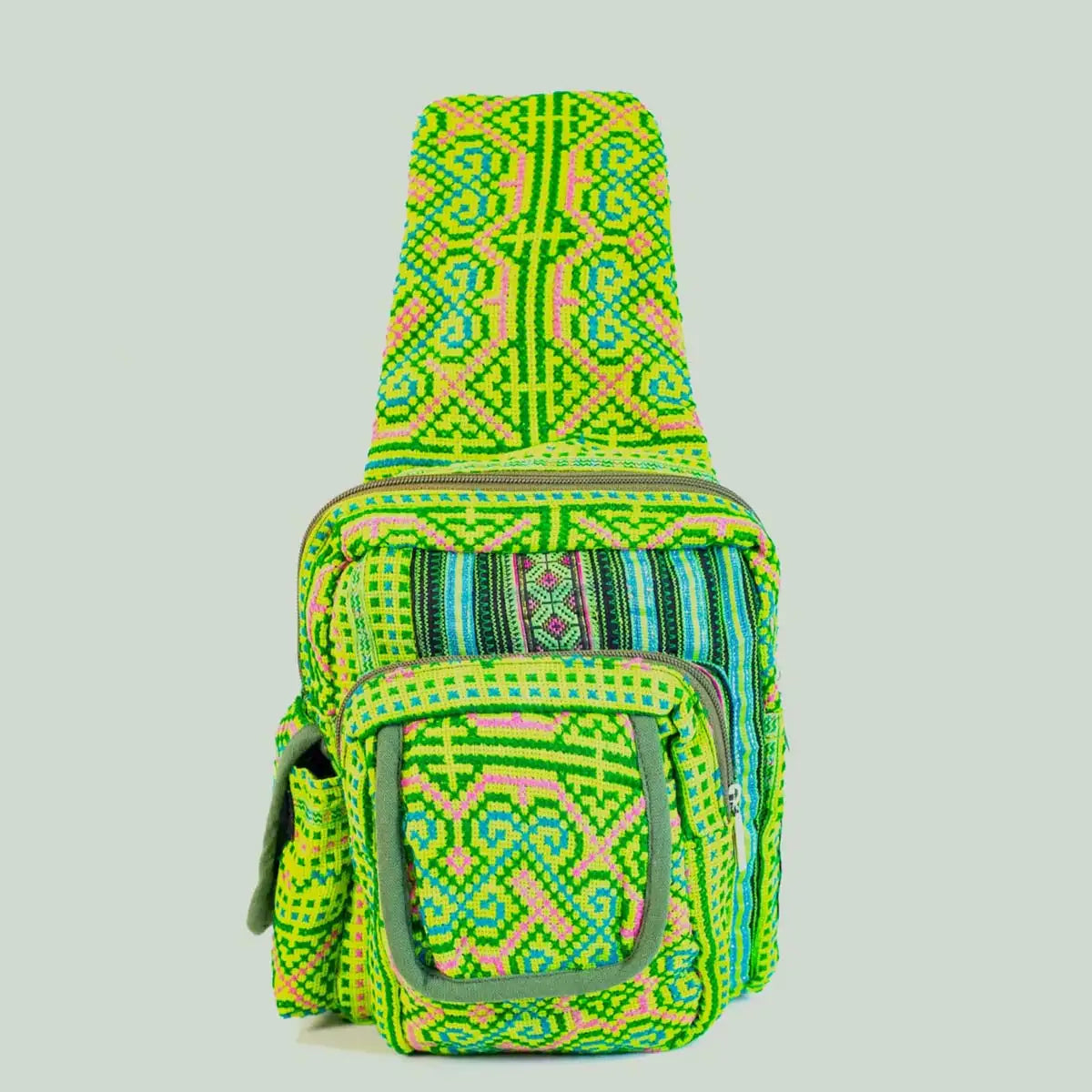 Vindigo crossbody light green linen geometric tribal strap view