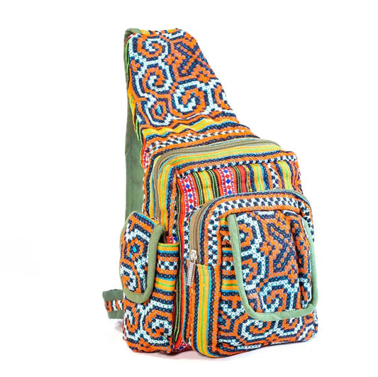 Vindigo blue hemp tribal embroidery backpack upright front view