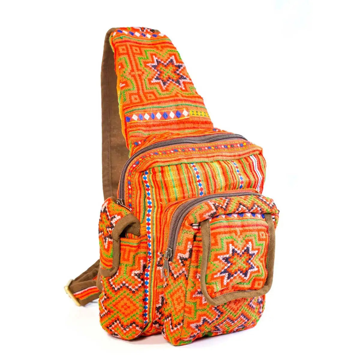 Vindigo crossbody orange linen star tribal upright front view