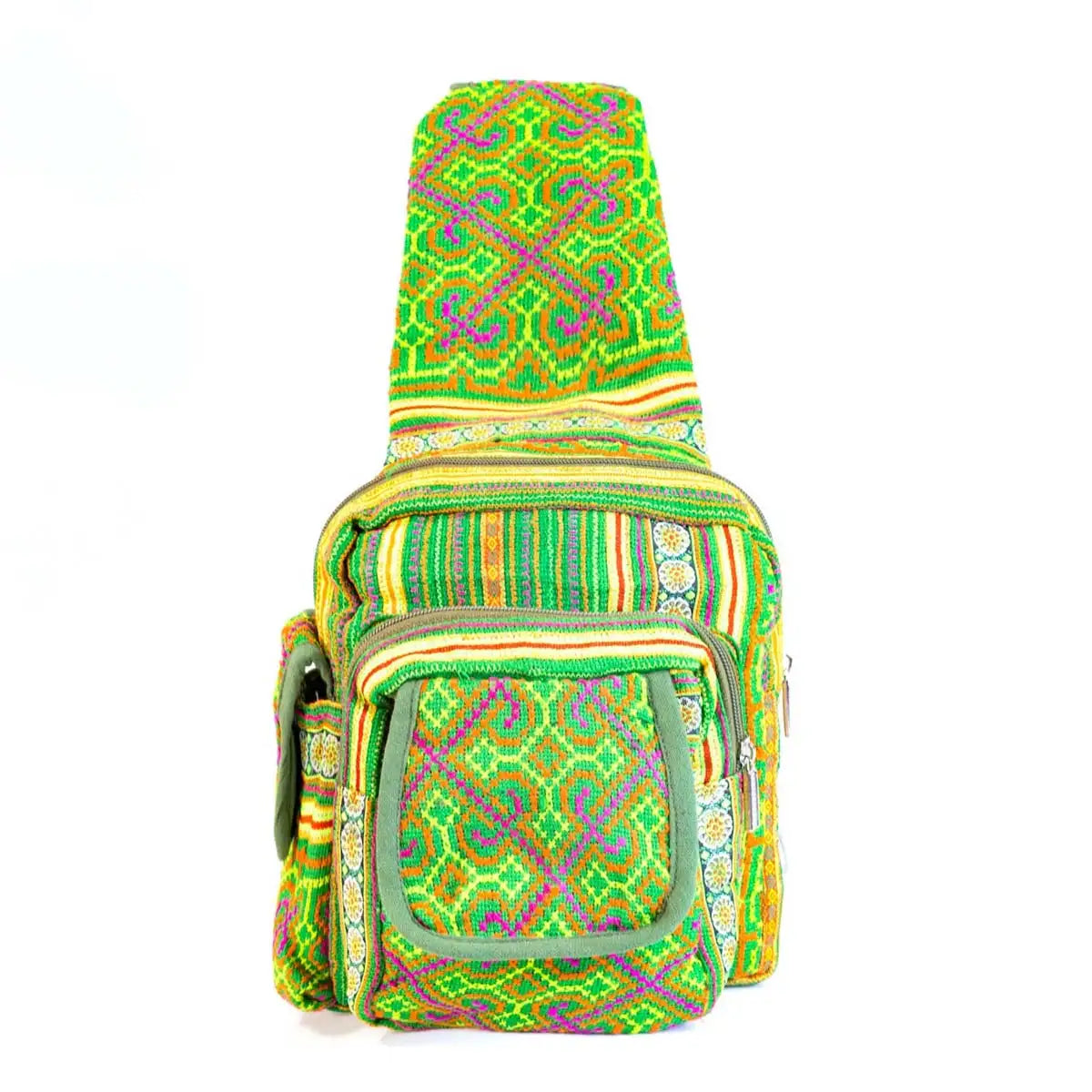Vindigo crossbody green linen geometric tribal strap view