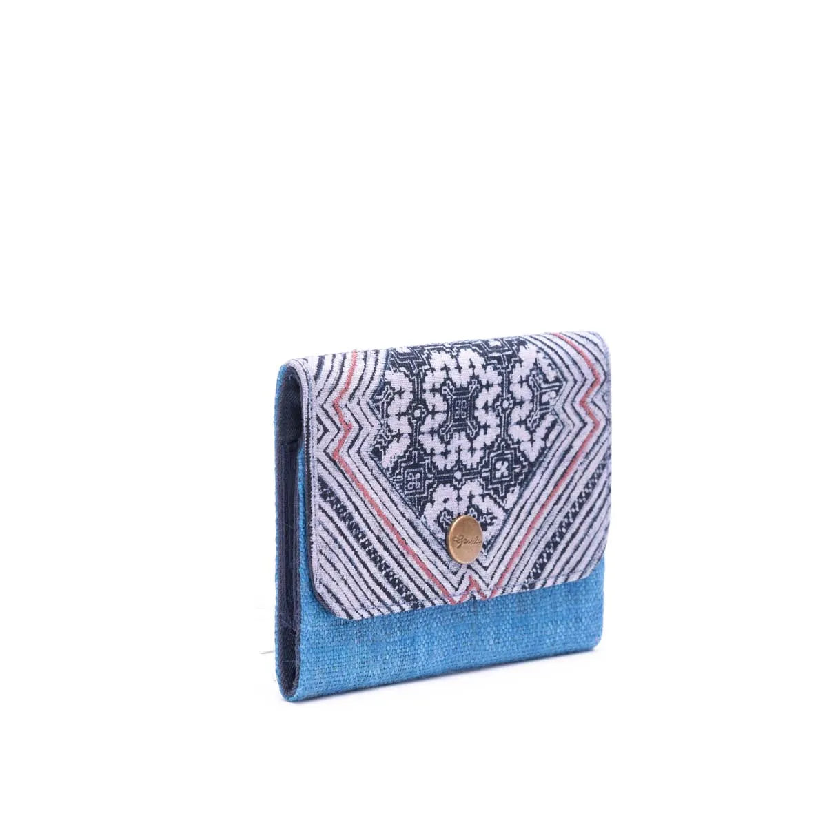 Vindigo V-patterned batik cardholder with folded blue hemp side view