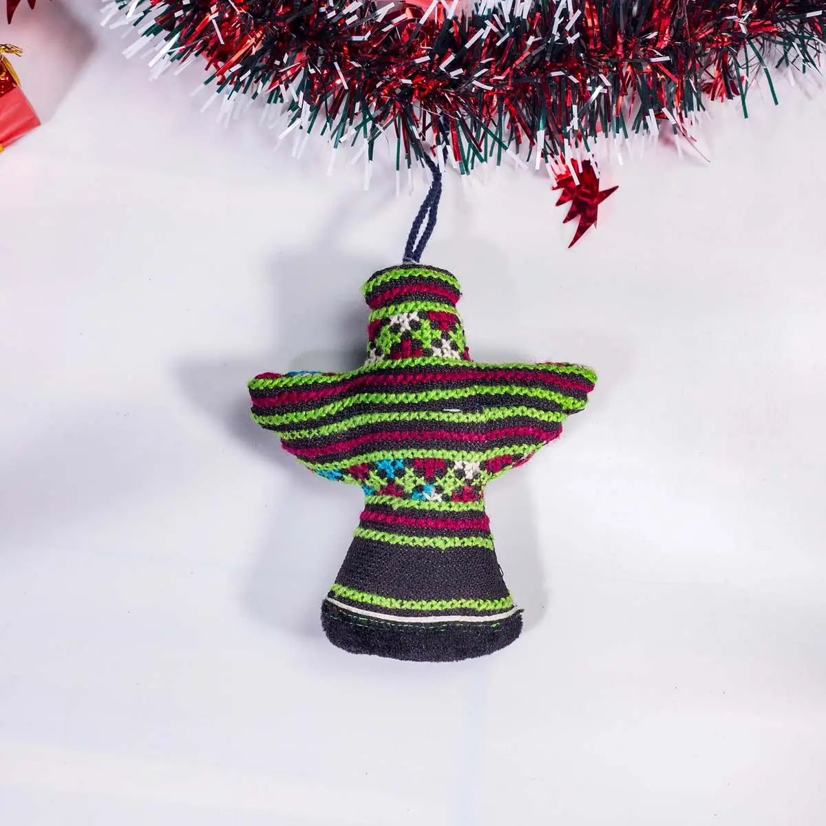 Vindigo green tribal embroidered Christmas ornament with black border