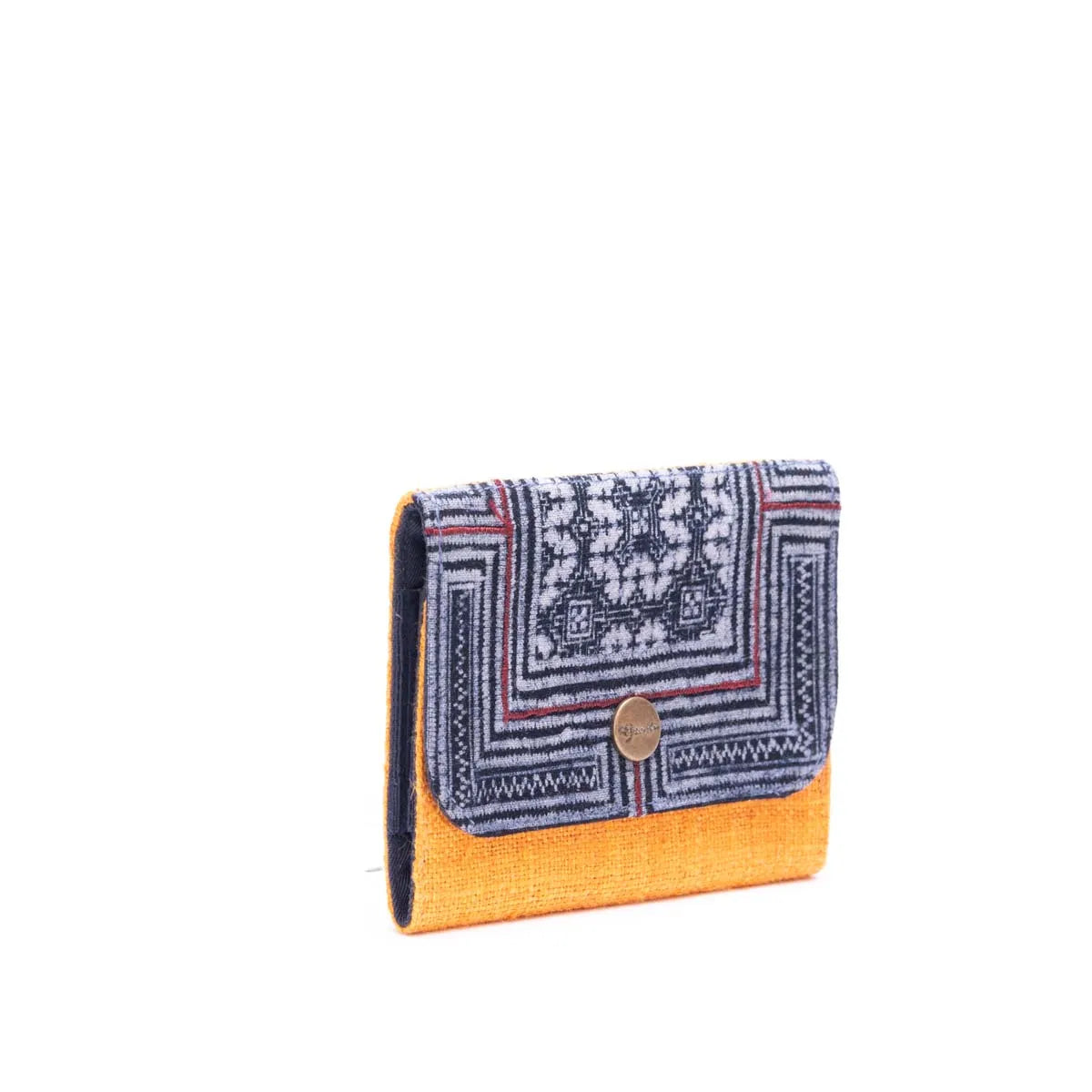 Vindigo batik hemp cardholder side view with yellow fabric base