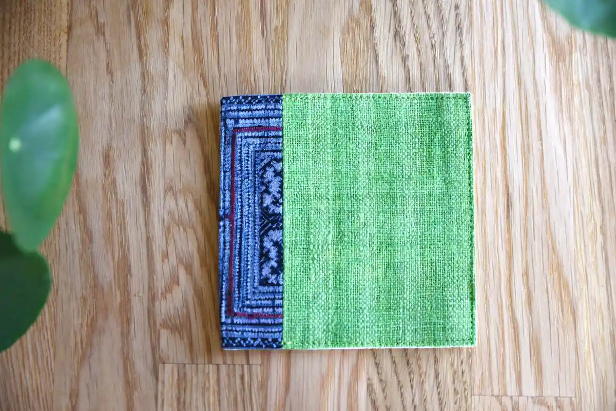 Top view of Vindigo green hemp coaster with indigo accent