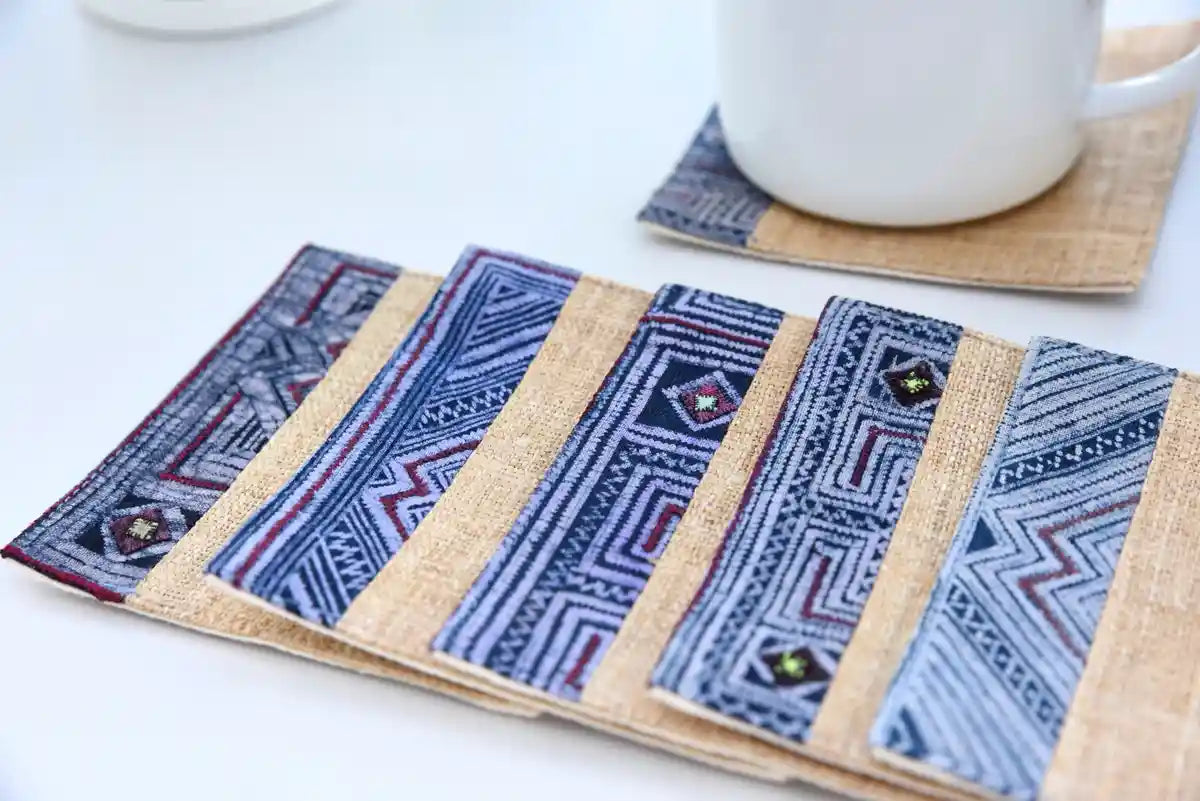 Vindigo natural hemp coaster set with indigo trim and ceramic cup