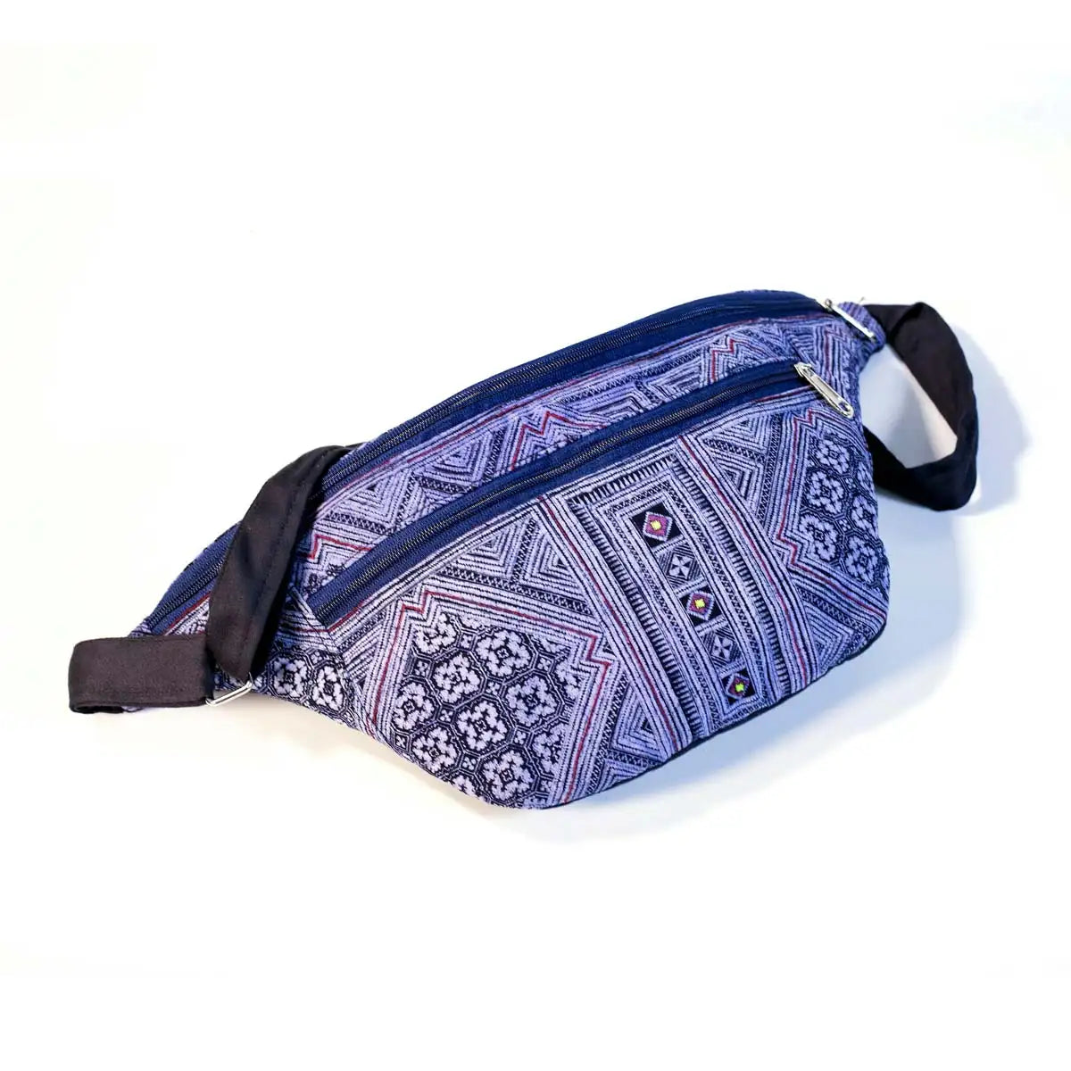 Vindigo small hemp waist bag in purple tribal geometric pattern