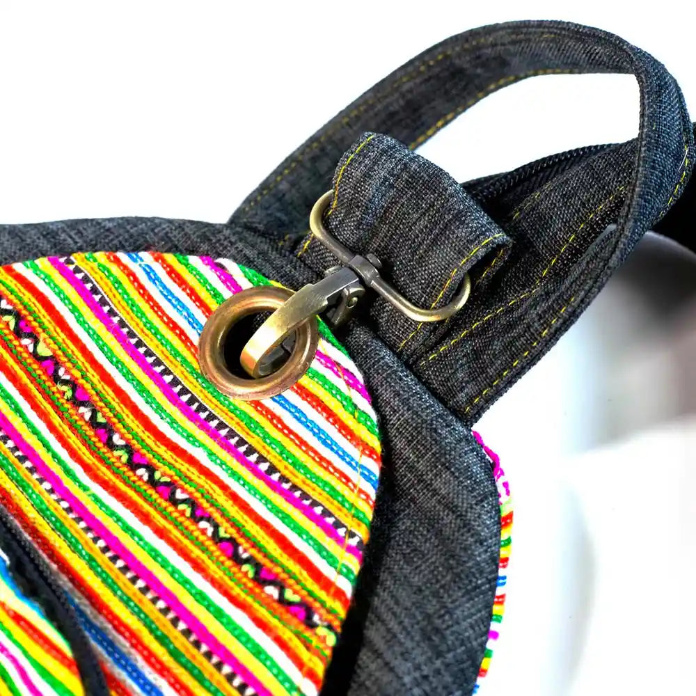 Vindigo yellow hemp embroidered backpack strap close-up detail