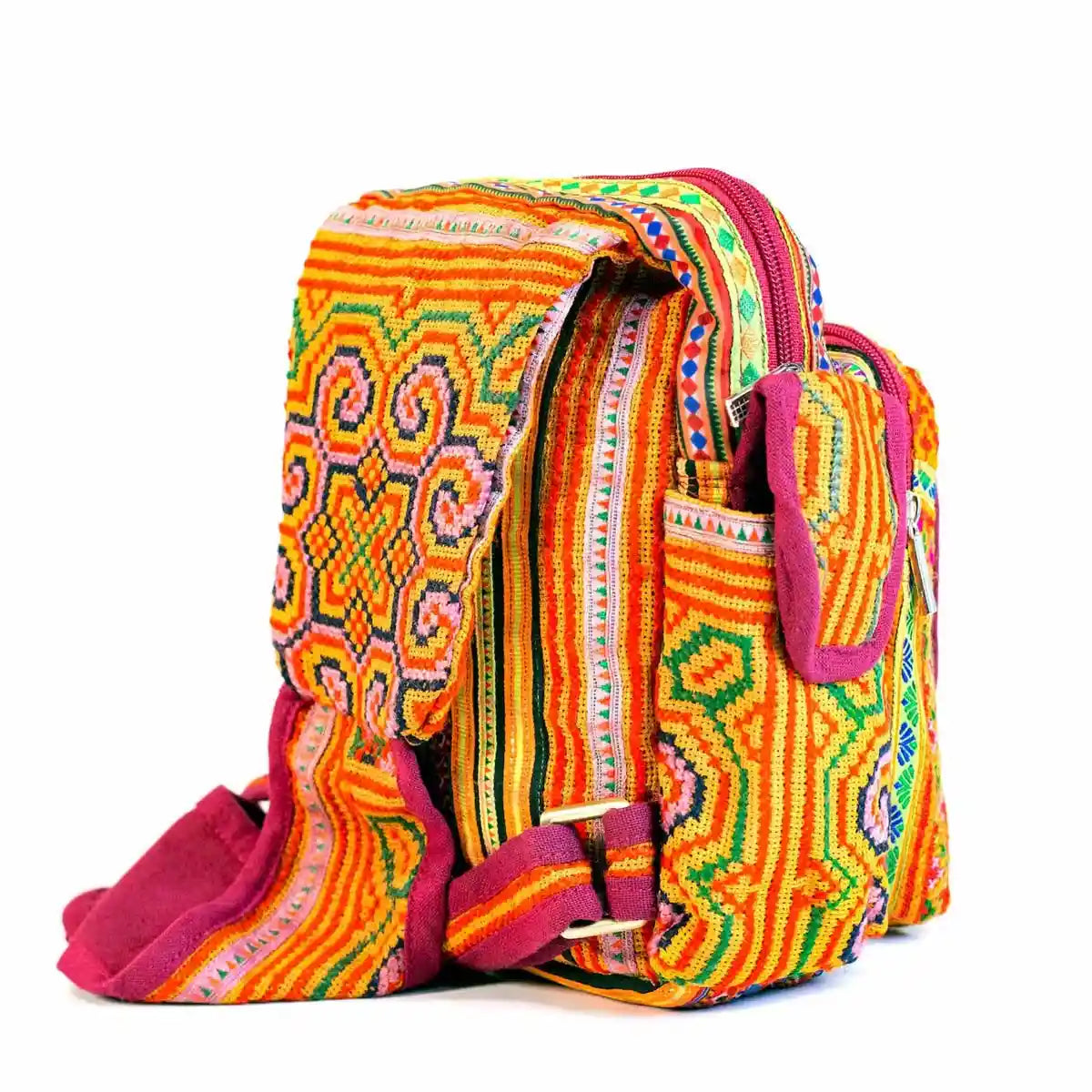 Vindigo crossbody yellow linen spiral tribal angled side view