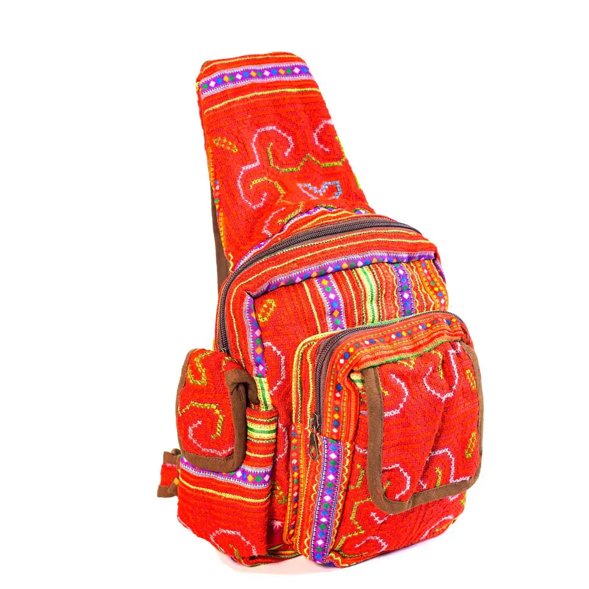 Vindigo handmade red tribal hemp backpack upright display