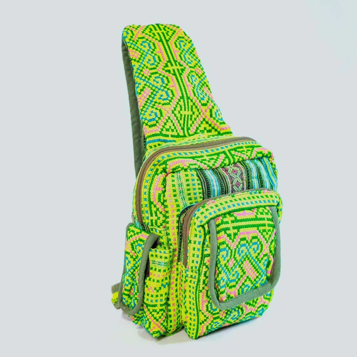 Vindigo crossbody light green linen geometric tribal angled side view
