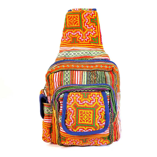 Vindigo crossbody orange linen tribal upright front view