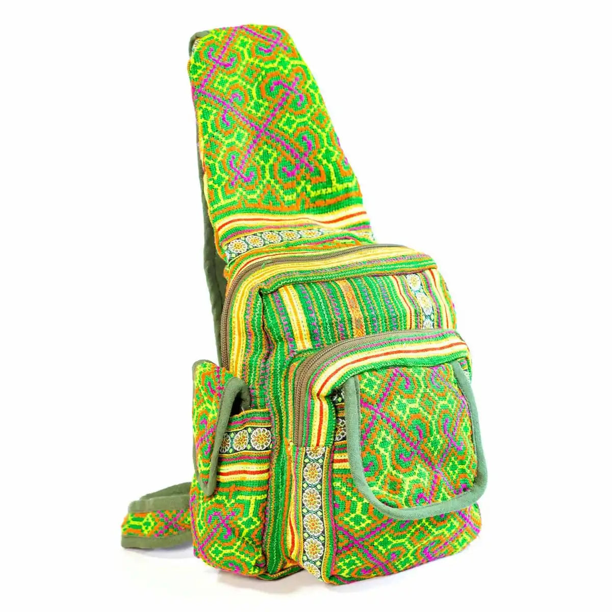 Vindigo crossbody green linen geometric tribal angled side view