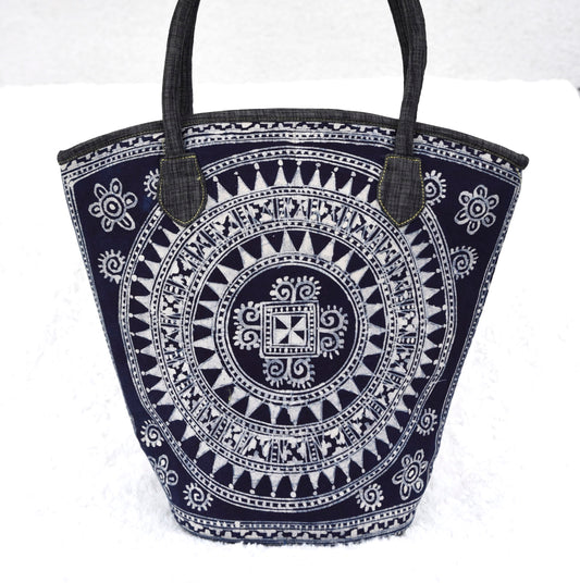 Bucket tote bag, grey handles, indigo blue batik fabric fabric in H'mong pattern
