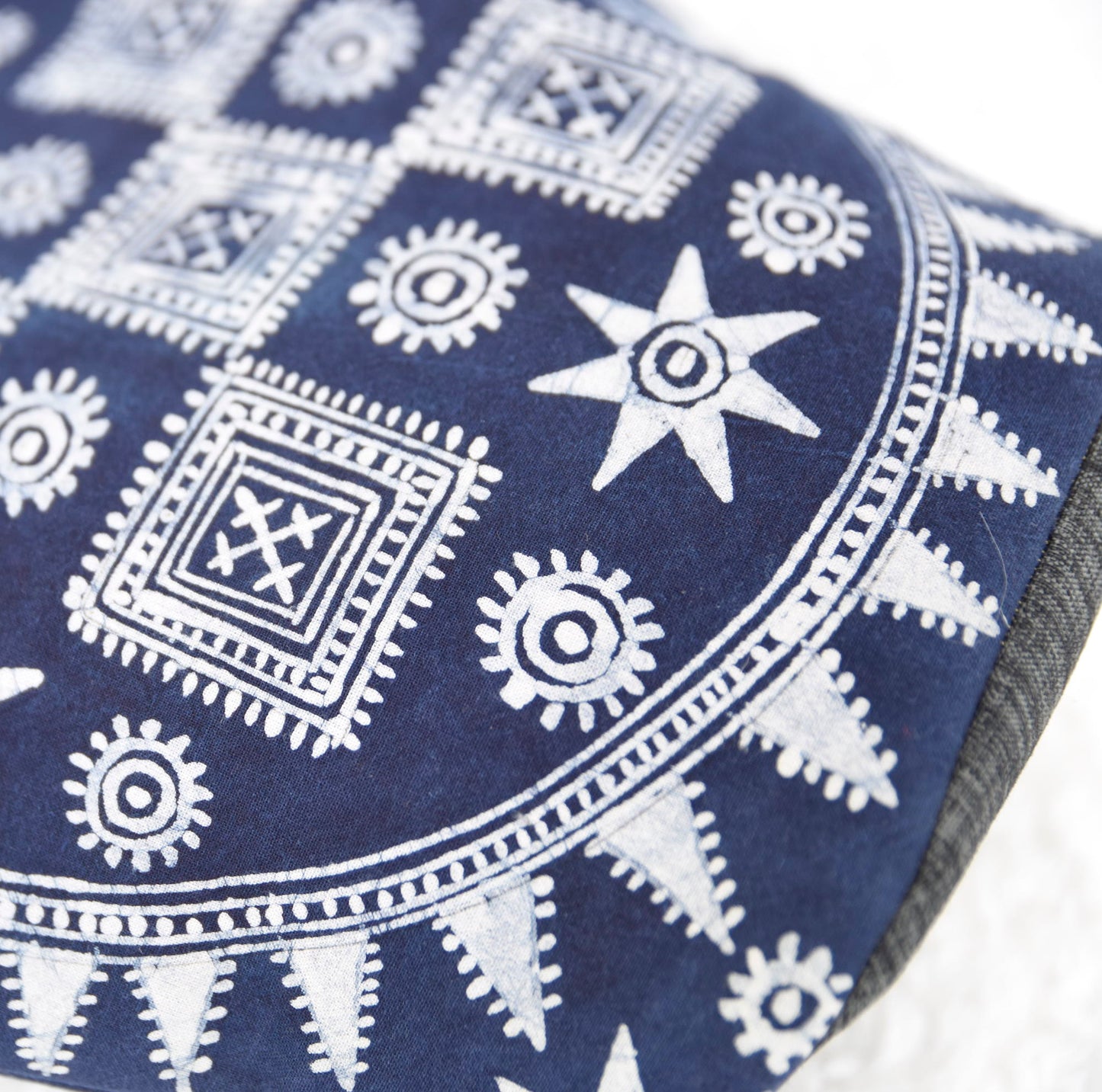 Bucket tote bag, grey handles, indigo blue batik fabric fabric in H'mong pattern