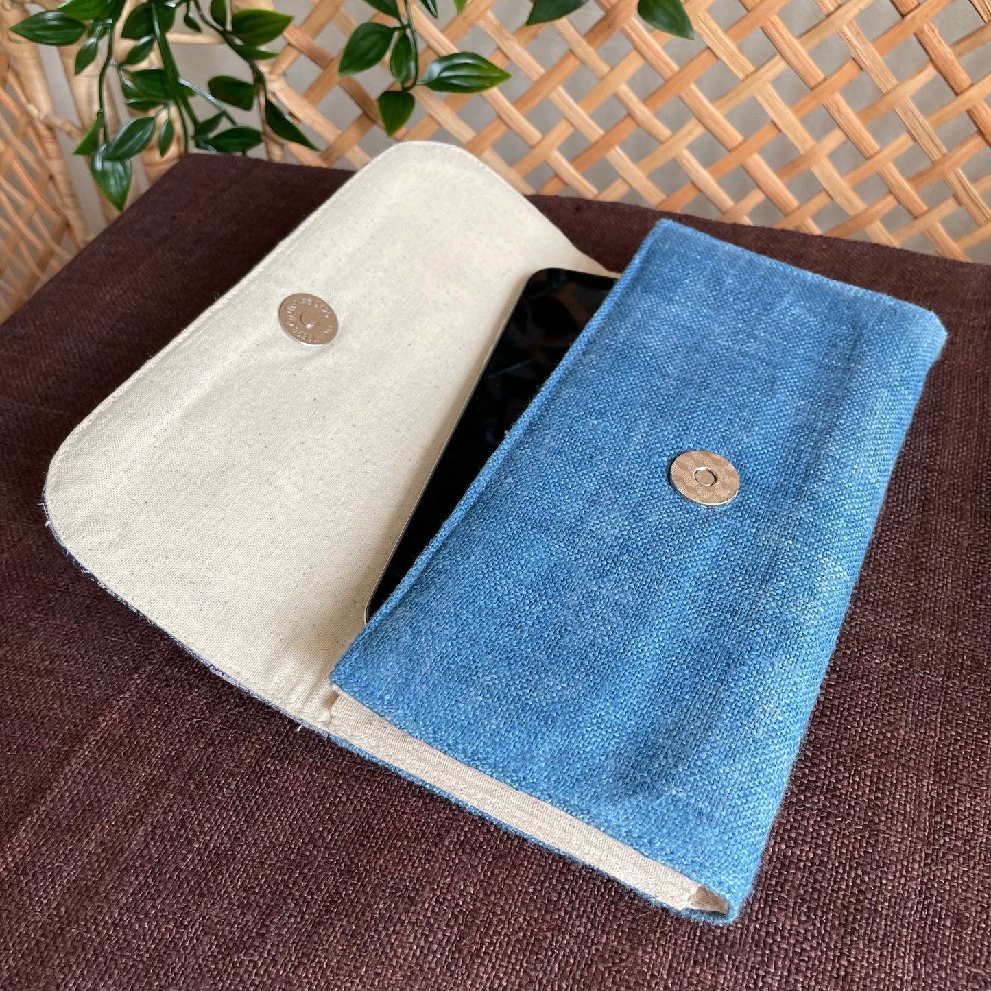 Light blue long purse, Hemp fabric, Indigo Batik fabric, H'mong pattern