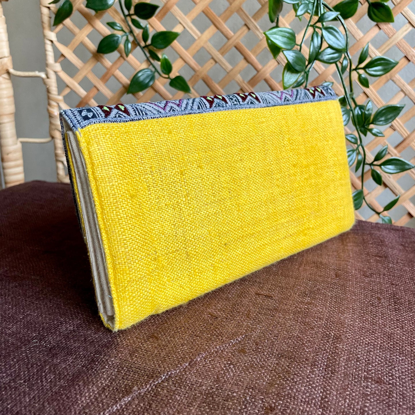 Yellow long purse, Hemp fabric, Indigo Batik fabric, H'mong pattern