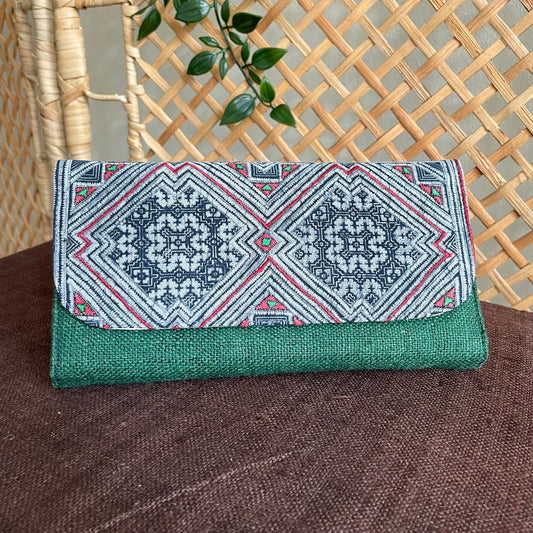 Arapawa grön lång handväska, hampa tyg, Indigo Batik tyg, H'mong mönster