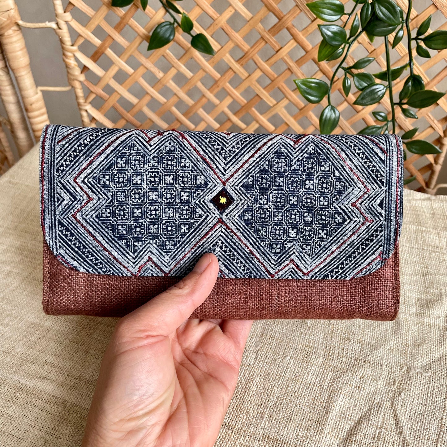 Dark brown long purse, Hemp fabric, Indigo Batik fabric, H'mong pattern