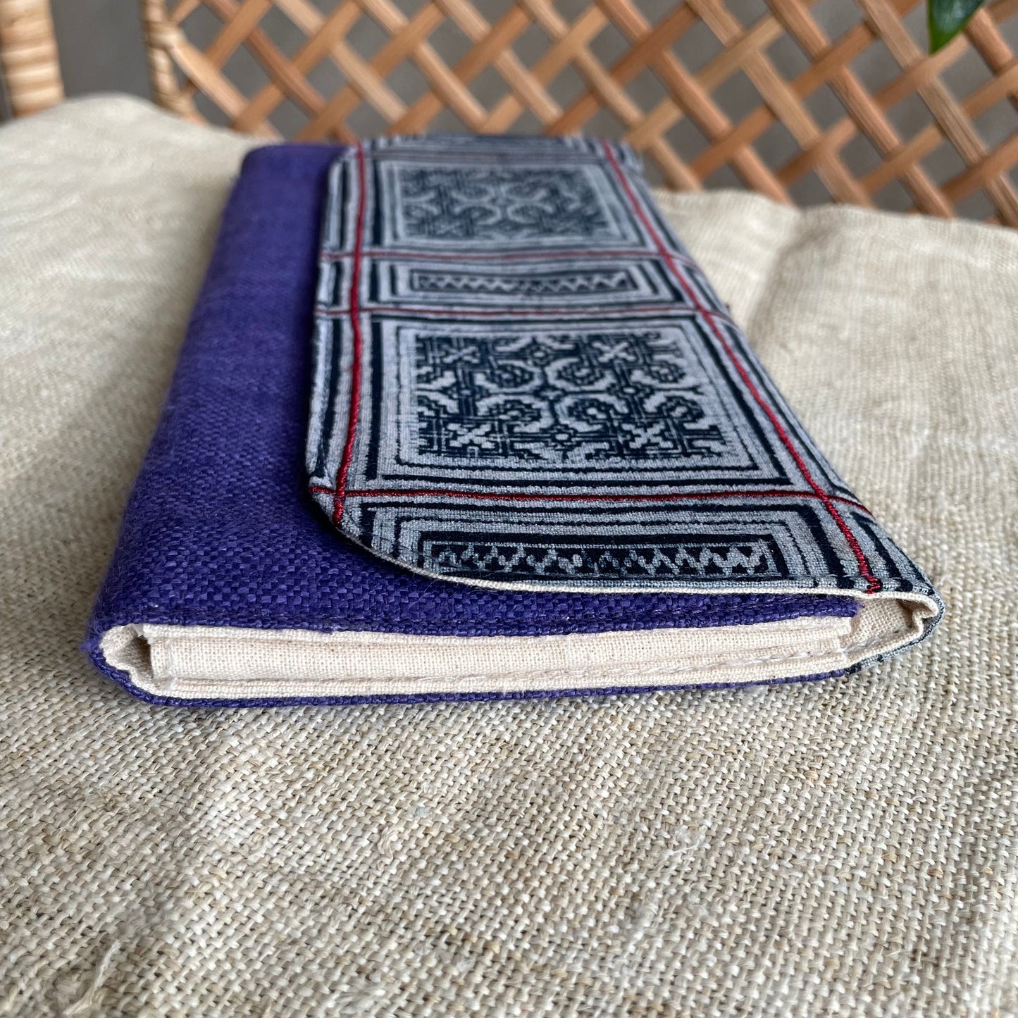 Purple long purse, Hemp fabric, Indigo Batik fabric, H'mong pattern
