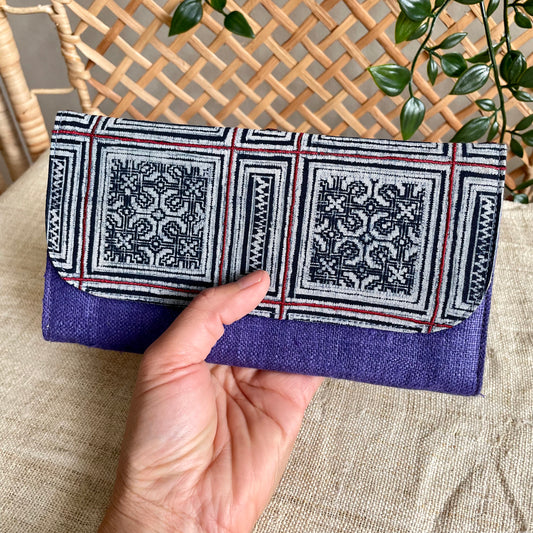 Purple long purse, Hemp fabric, Indigo Batik fabric, H'mong pattern