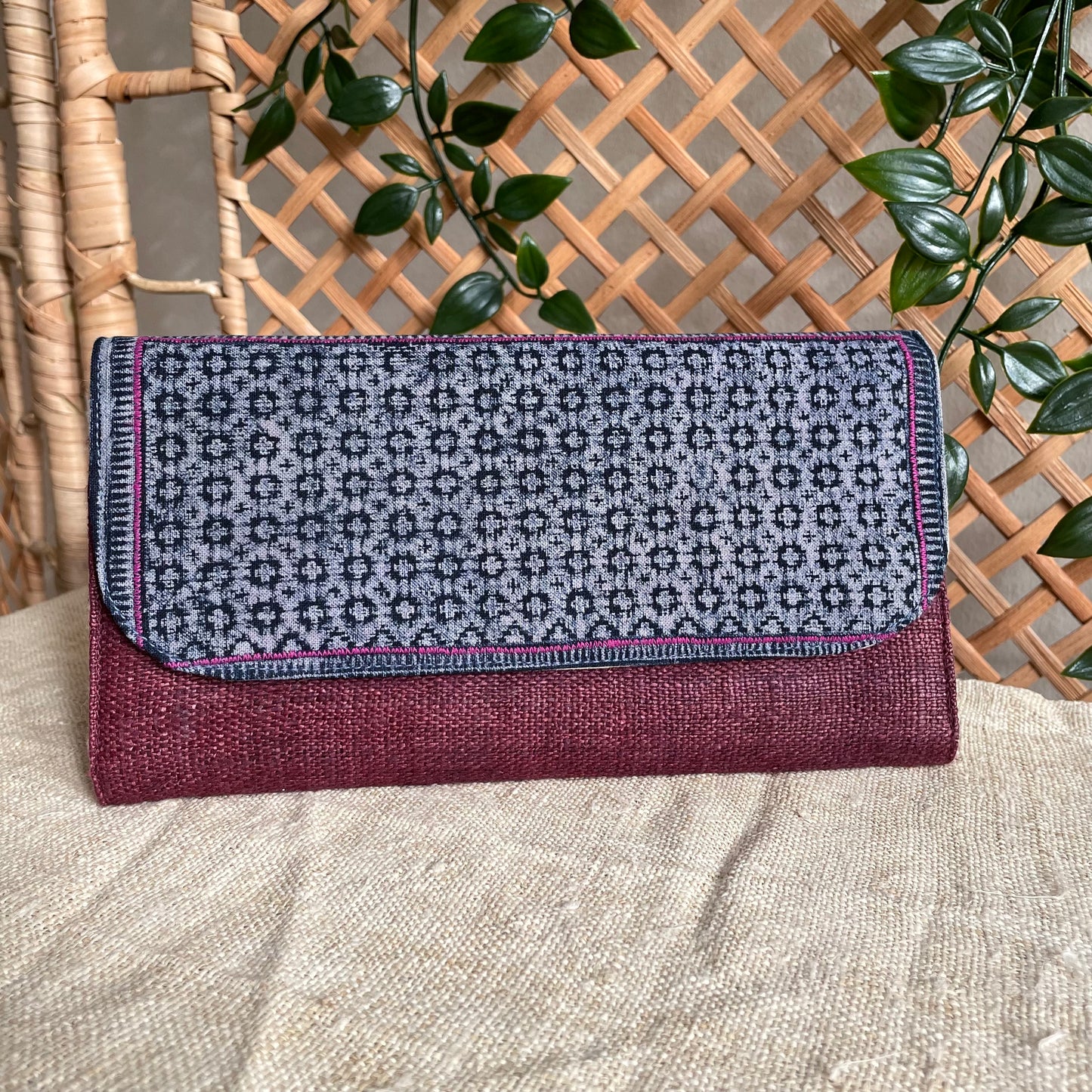 Bordeaux long purse, Hemp fabric, Indigo Batik fabric, H'mong pattern