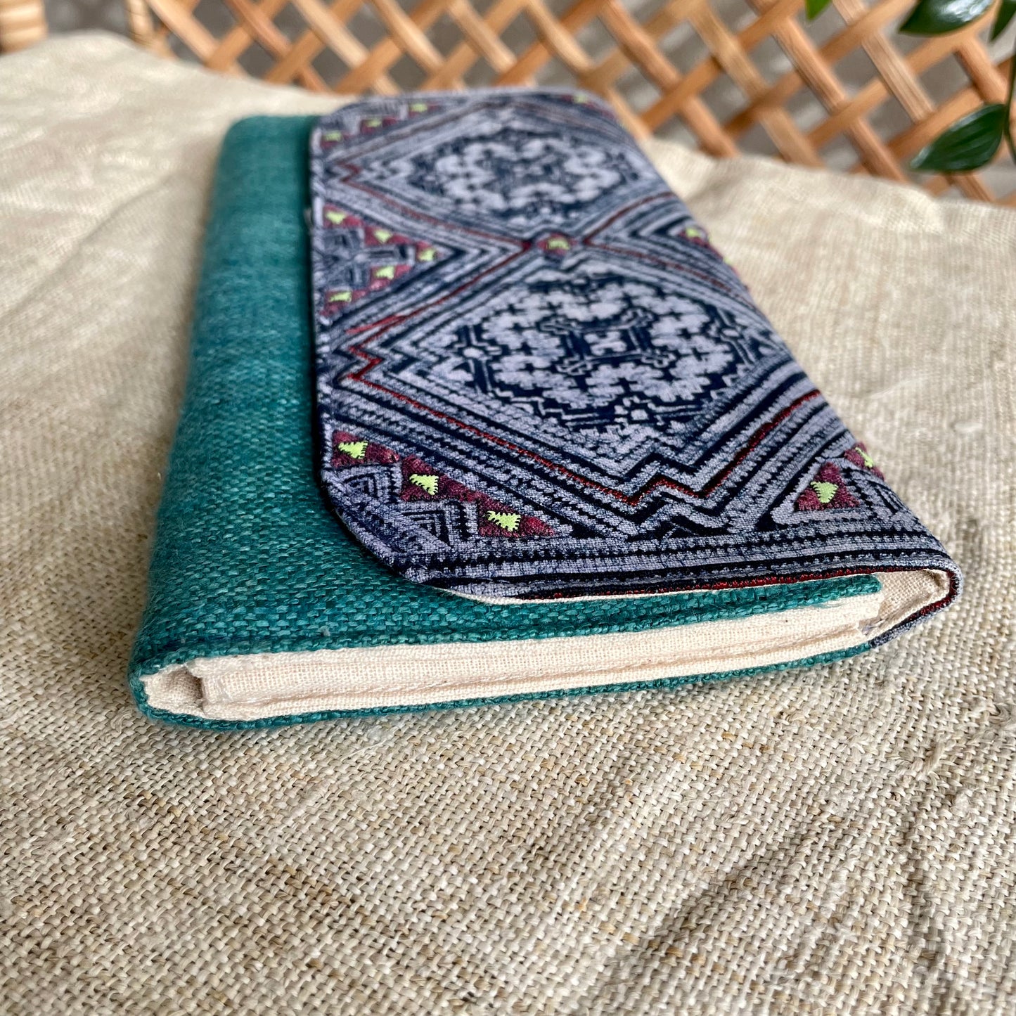 Skobeloff green long purse, Hemp fabric, Indigo Batik fabric, H'mong pattern