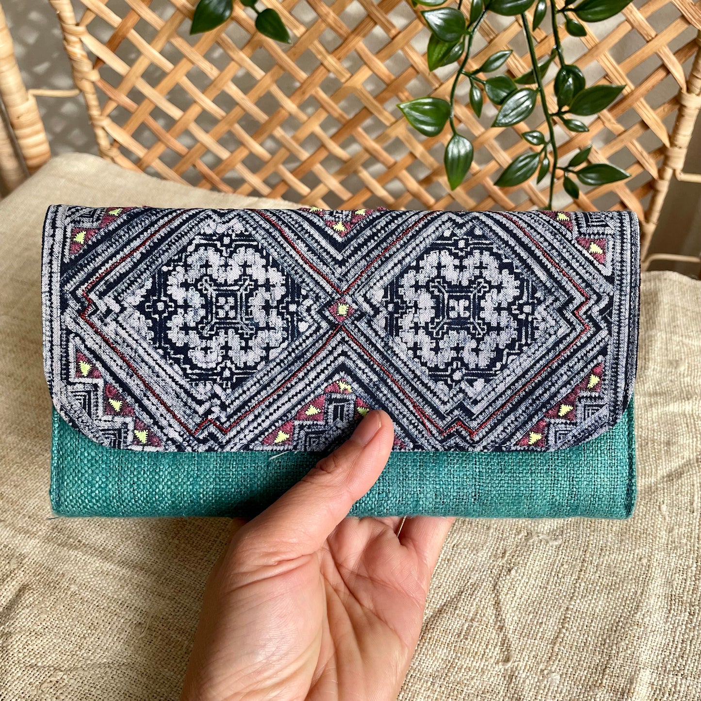 Skobeloff green long purse, Hemp fabric, Indigo Batik fabric, H'mong pattern