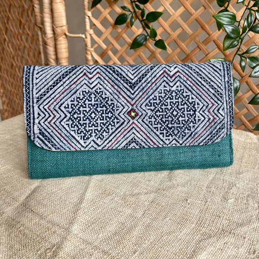 Skobeloff green long purse, Hemp fabric, Indigo Batik fabric, H'mong pattern