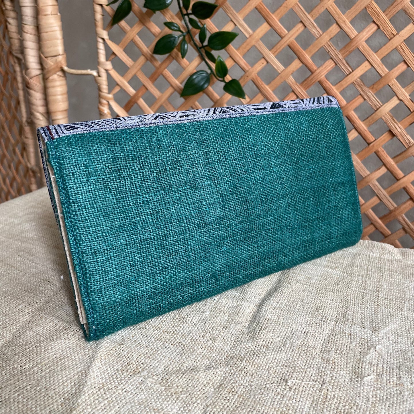 Skobeloff green long purse, Hemp fabric, Indigo Batik fabric, H'mong pattern