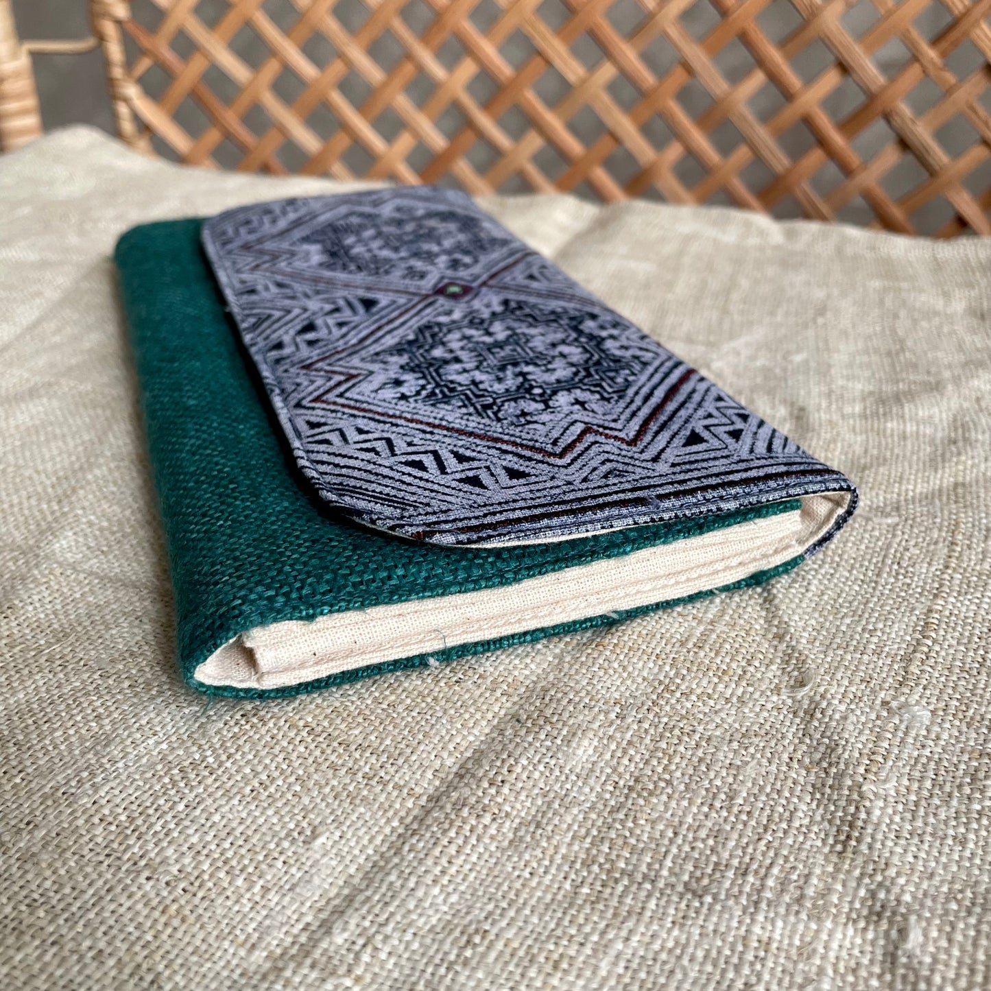 Skobeloff green long purse, Hemp fabric, Indigo Batik fabric, H'mong pattern