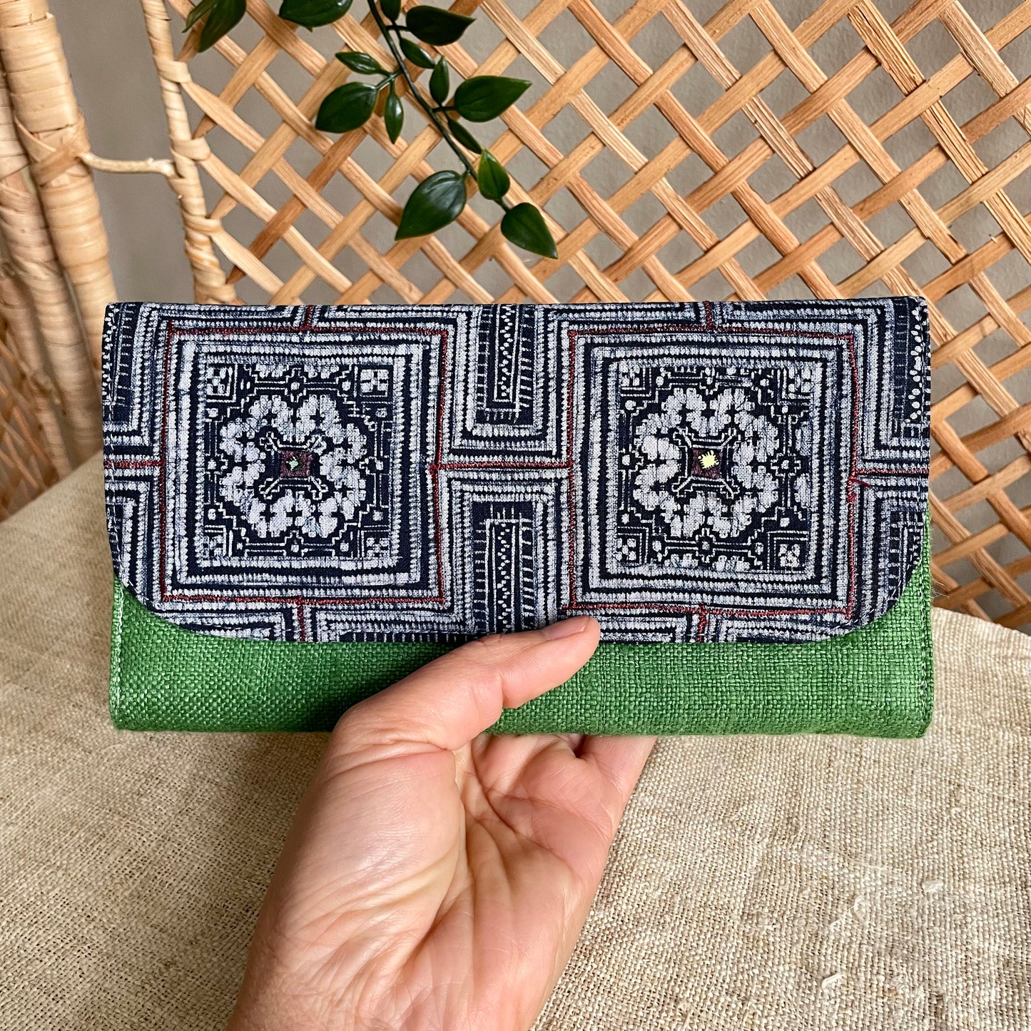 Classic green long purse, Hemp fabric, Indigo Batik fabric, H'mong pattern